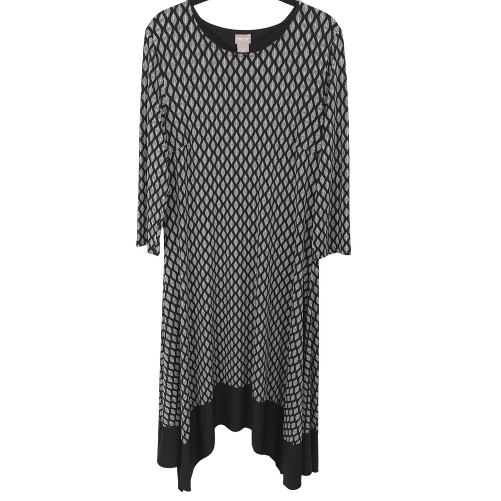 Chicos Midi Dress Womens Medium Black White Geometric Sharkbite Hem Long Sleeve